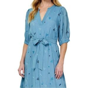 NEW FIGUEROA FLOWER Blue Floral Embroidered Puff Sleeve Midi Dress Belt Size M